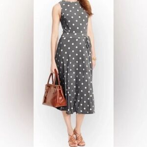 LAUREN Ralph Lauren Sleeveless Dress Fit & Flare Grey/Ivory Polka Dot Sz 14